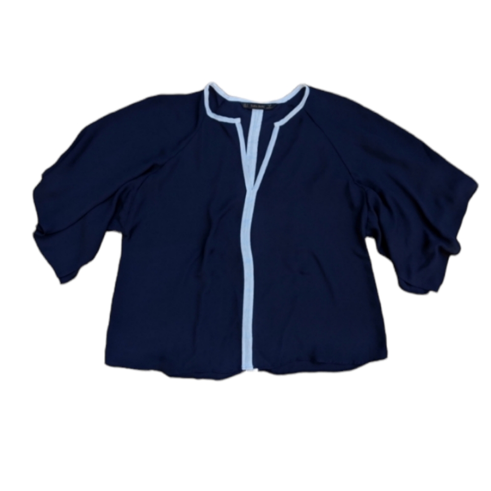 3/$15 Zara basic blue flutter sleeve sheer blouse medium